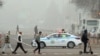 ALMATY, KAZAKHSTAN - JANUARY 19, 2022: A traffic police vehicle is pictured on the corner of Panfilov and Tole Bi Streets. The state of emergency ends in Kazakhstan on January 19.